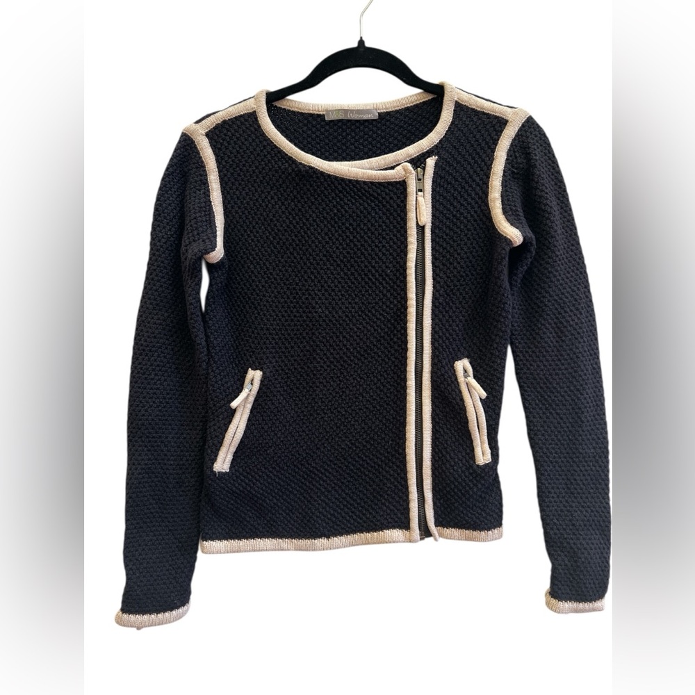 M&S Woman Black Contrast Trim Knit Zip Jacket Cardigan Quiet Luxury Chic